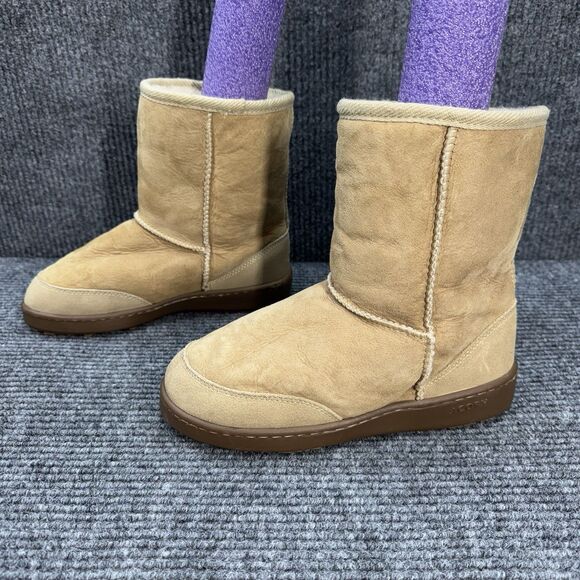 Acorn Sherling Sheepskin Fur Lined Boots Womens 7 Brown Tan Mid Calf Slip On EUC - Picture 1 of 8